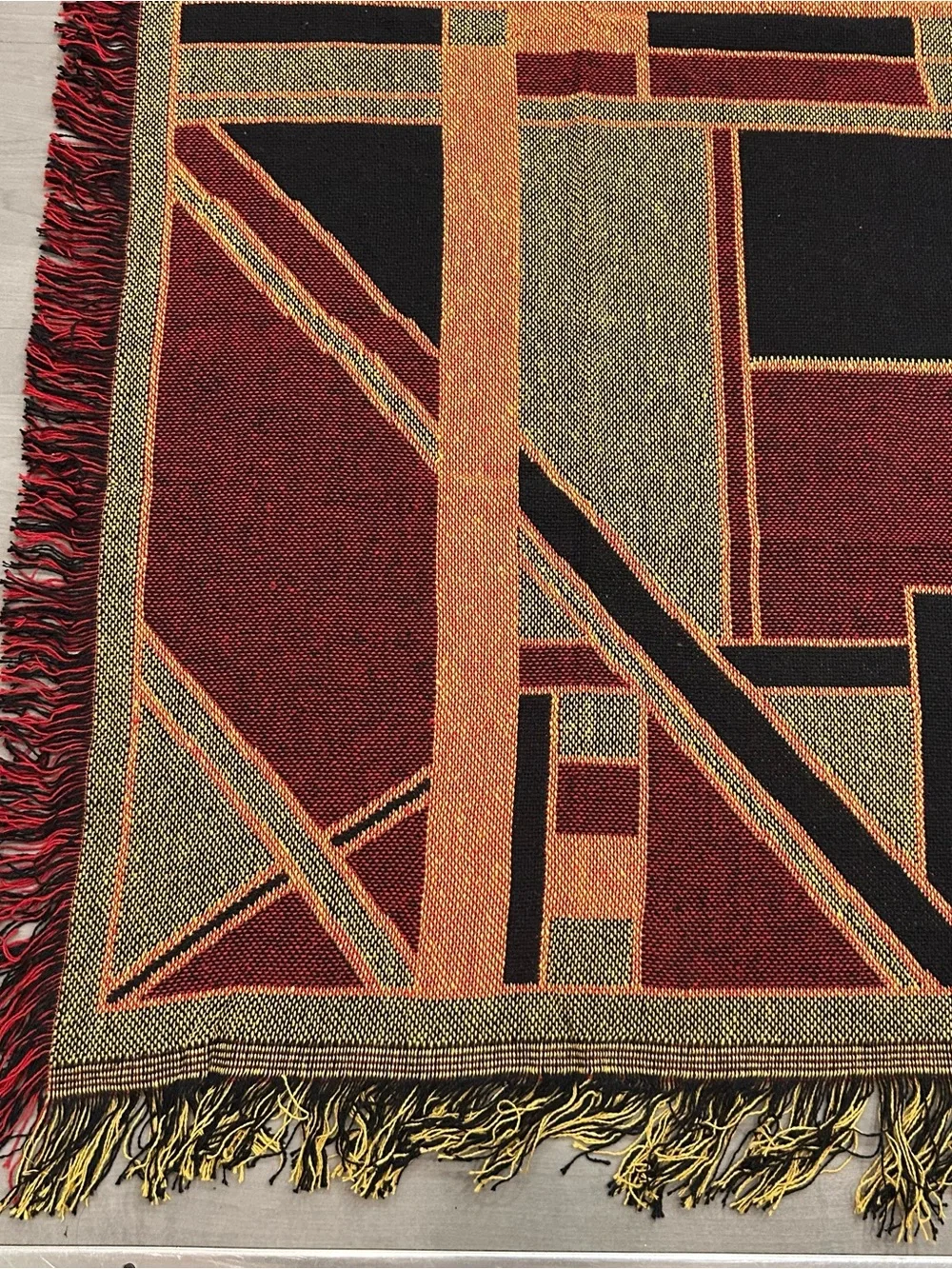 Vintage 90s WGM Abstract Geometric Tapestry Throw Woven Blanket Fringe 44x52